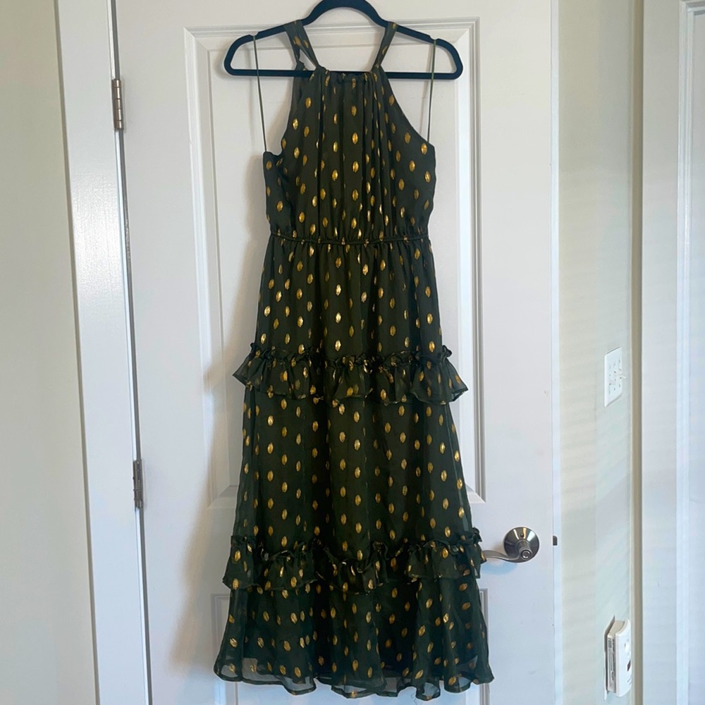 Endless Rose Olive Green With Gold Polka Dots Tiered Midi Halter Dress - size S